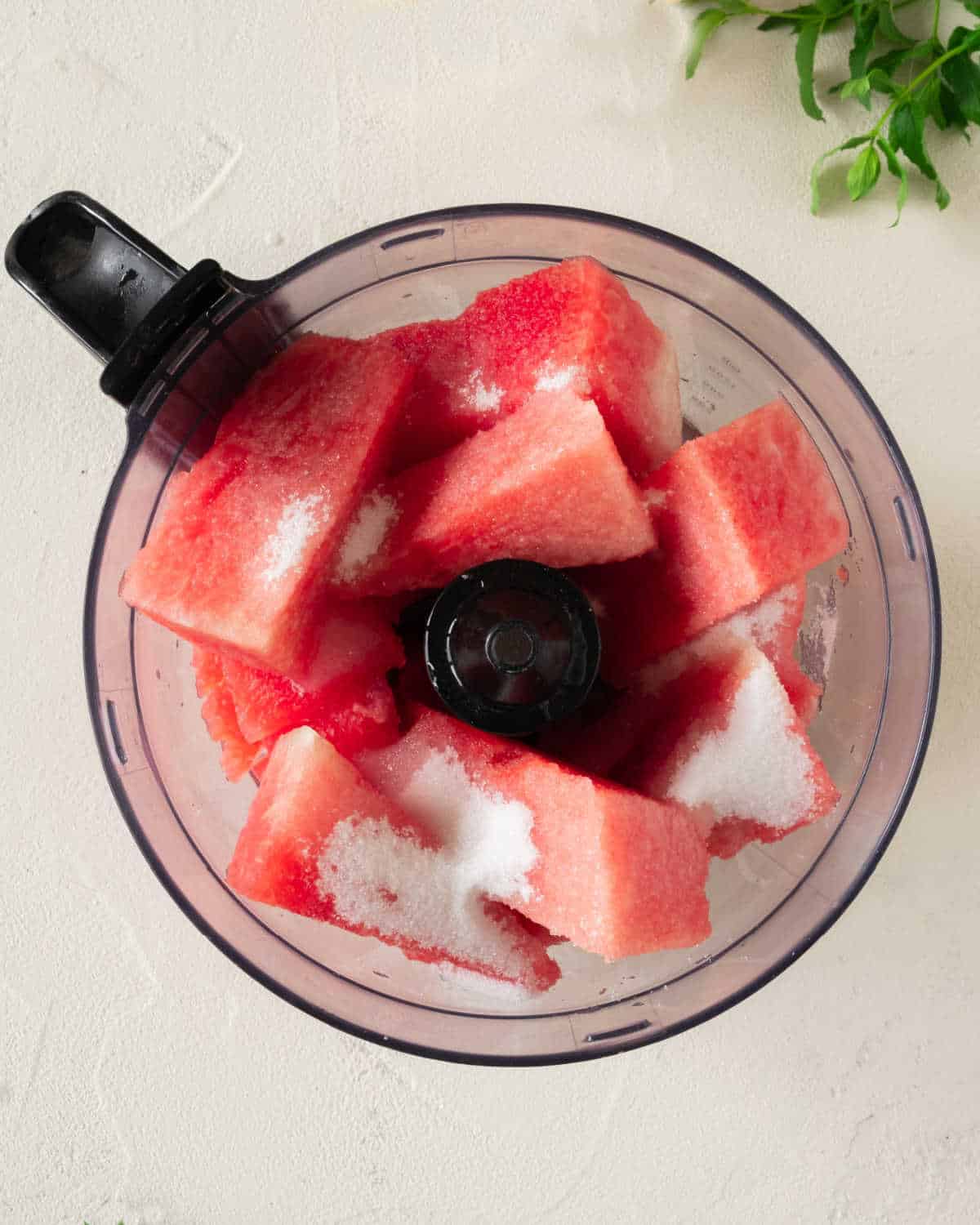 Slices of watermelon with sugar in a blender jar. Off-white surface. 