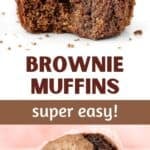 White and brown text overlay on bitten and whole brownie muffin.