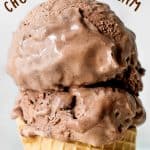 Brown text overlay on waffle cone with two scoops of chocolate ice cream. Light grey background.
