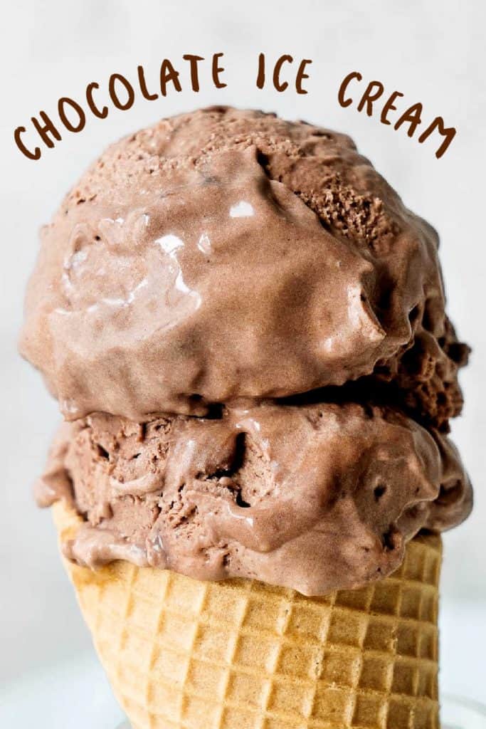 Brown text overlay on waffle cone with two scoops of chocolate ice cream. Light grey background.