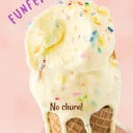 Purple text overlay on pink background with funfetti ice cream on a waffle cone.