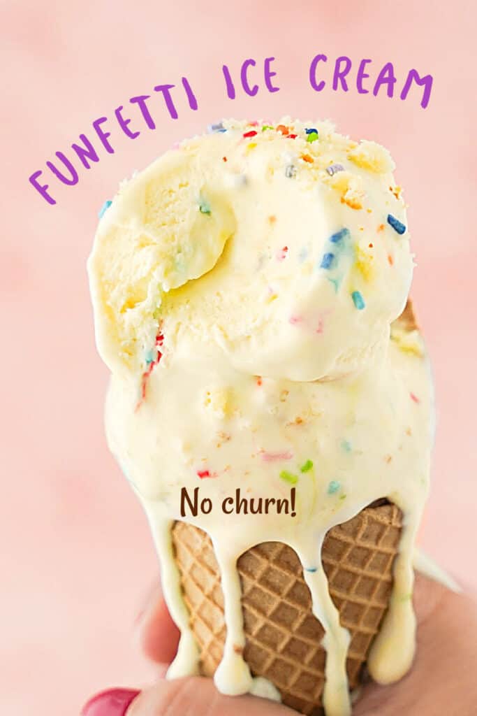 Purple text overlay on pink background with funfetti ice cream on a waffle cone.