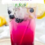 Purple and white text overlay on close up tall glass of blueberry vodka.