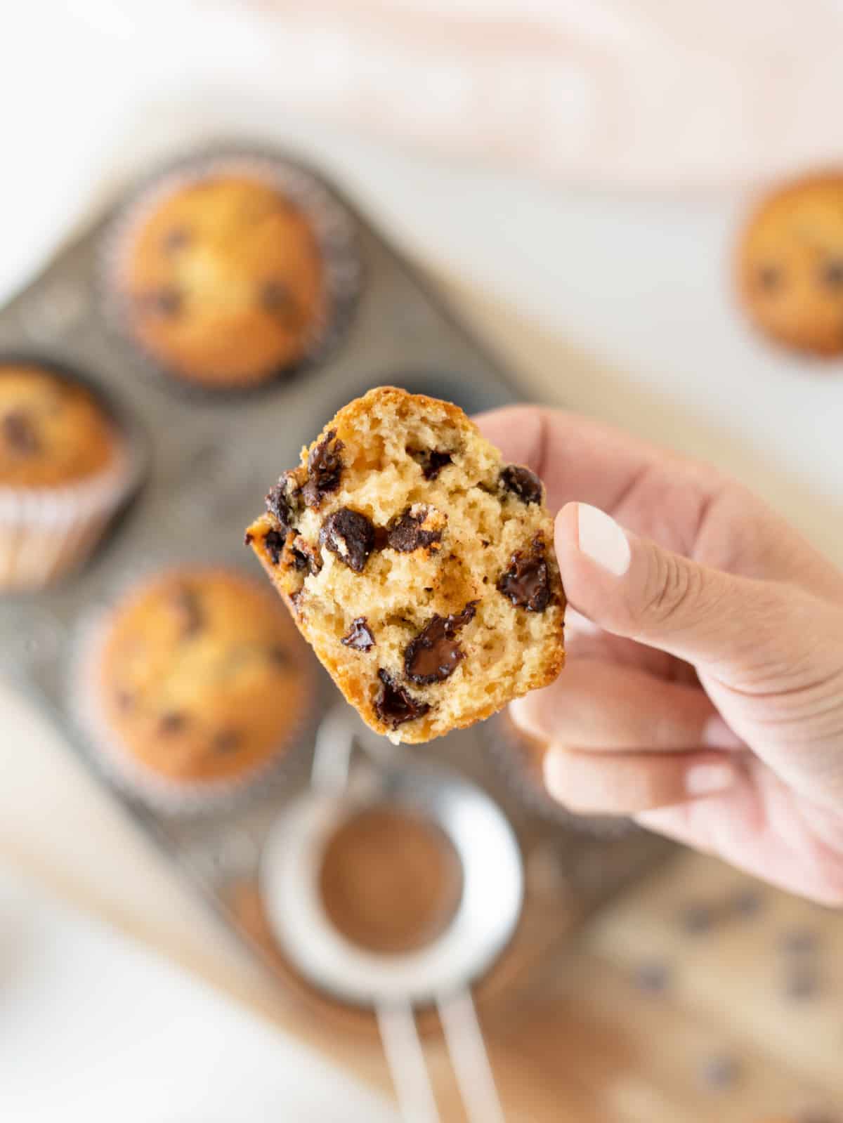 Hand holding half a chocolate chip muffin above pan with several more.