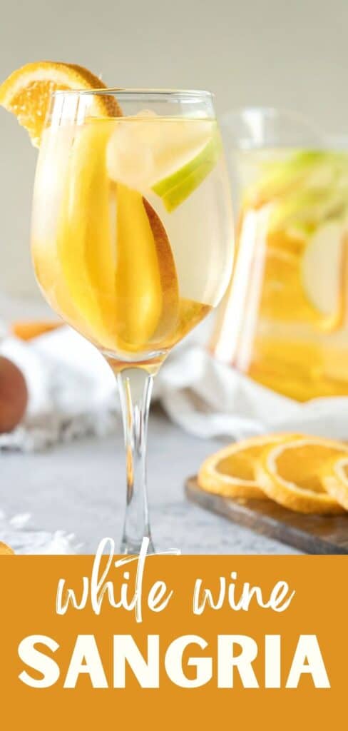 Orange and white text overlay on glass and pitcher with white sangria.