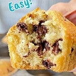 Brown, white and blue text overlay on bitten chocolate chip muffin.