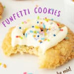Purple text overlay on bitten frosted funfetti cookie on a white surface.