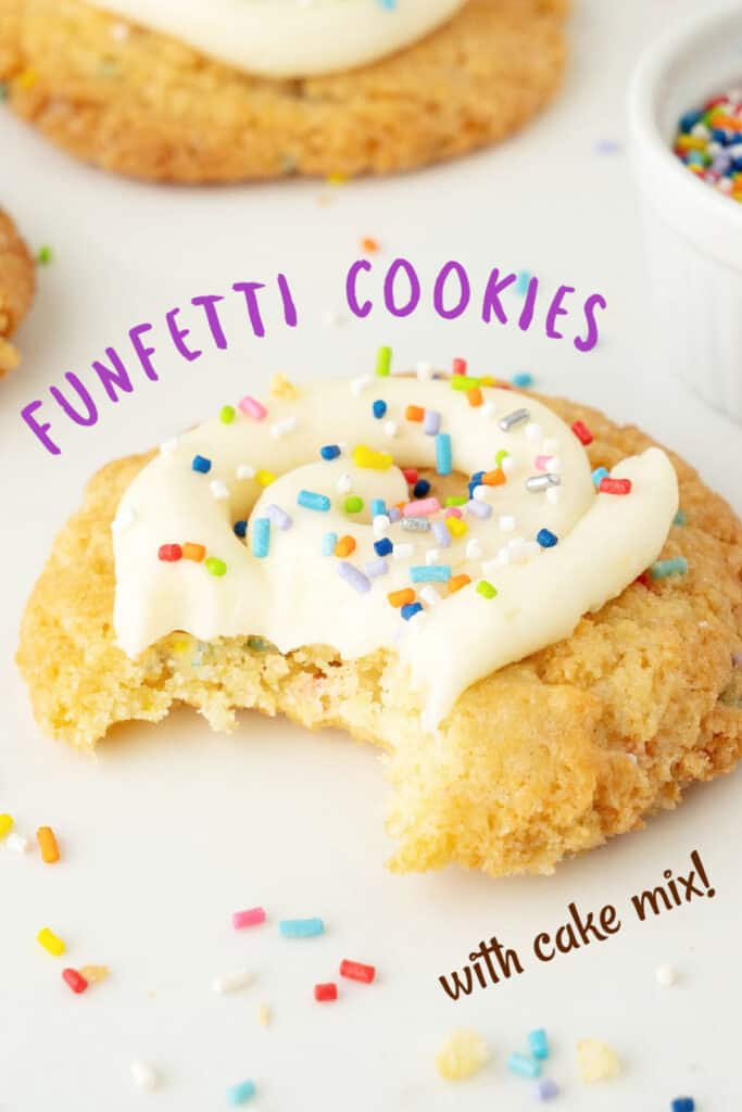 Purple text overlay on bitten frosted funfetti cookie on a white surface.