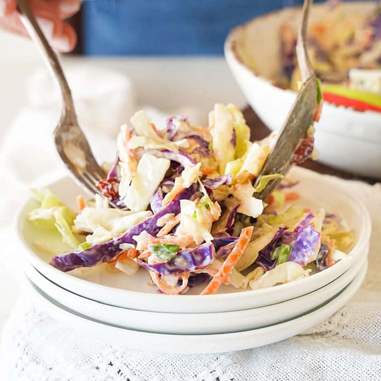 Placing serving of apple cranberry slaw with silverware on a stack of three white plates.