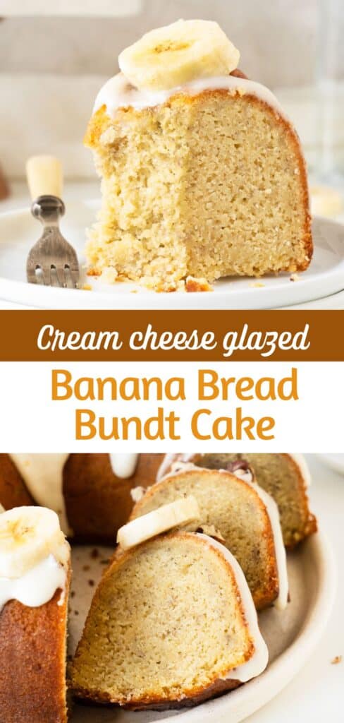 Brown and white text overlay on two images of eaten and sliced glazed banana bundt cake.