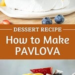 Brown and white text overlay on two images of whole and bite of berry pavlova.