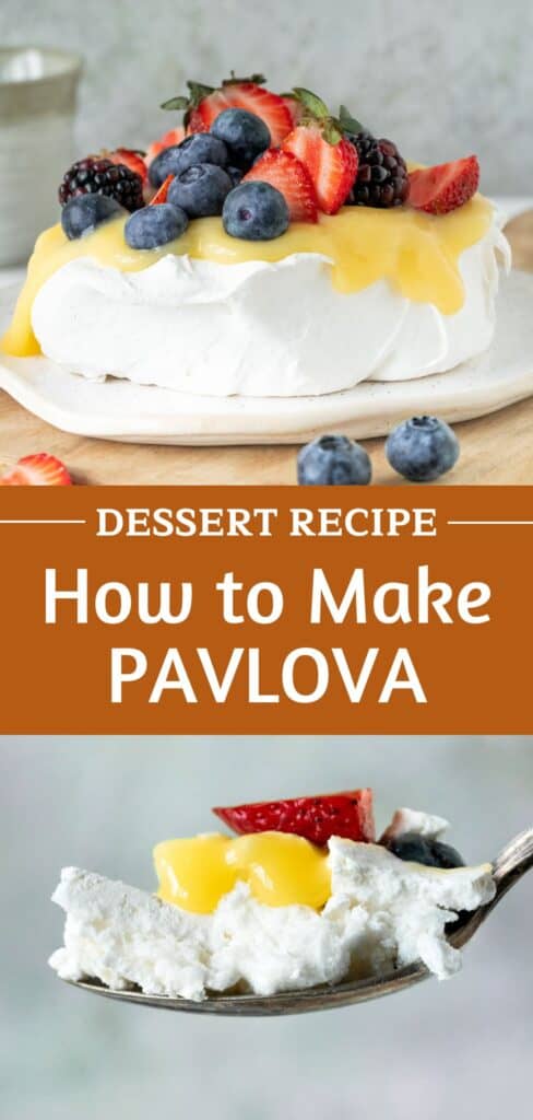 Brown and white text overlay on two images of whole and bite of berry pavlova.
