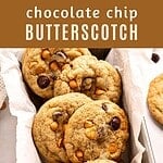 Brown and white text overlay on butterscotch chip cookies on a lined loaf pan.