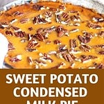 White and brown text overlay on two images of whole and serving of sweet potato pecan pie.