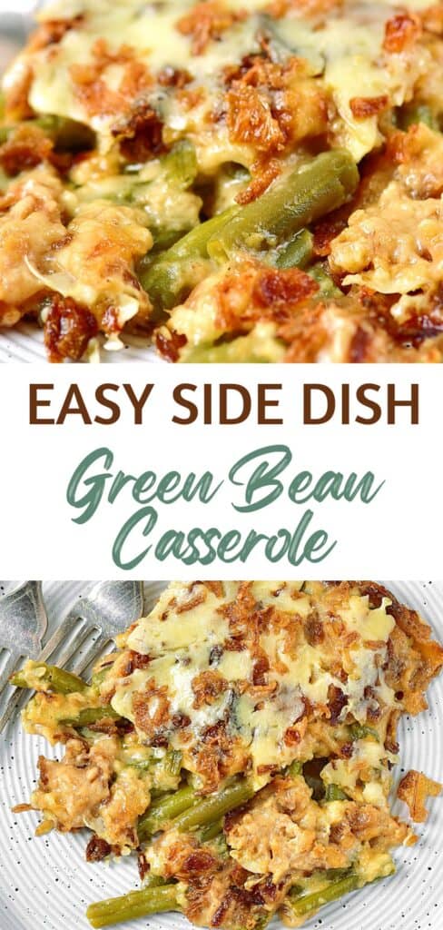 Two image collage of green bean casserole servings with brown and green text overlay.