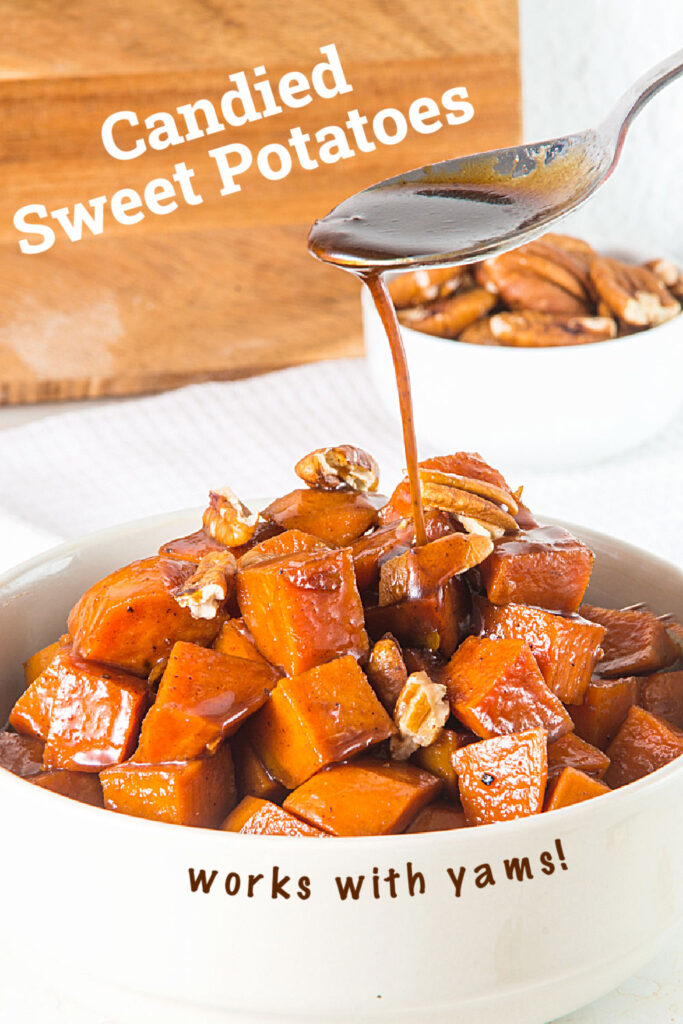 A white bowl with candies yams; syrup dripping from a spoon. White and brown text overlay. Wooden background.