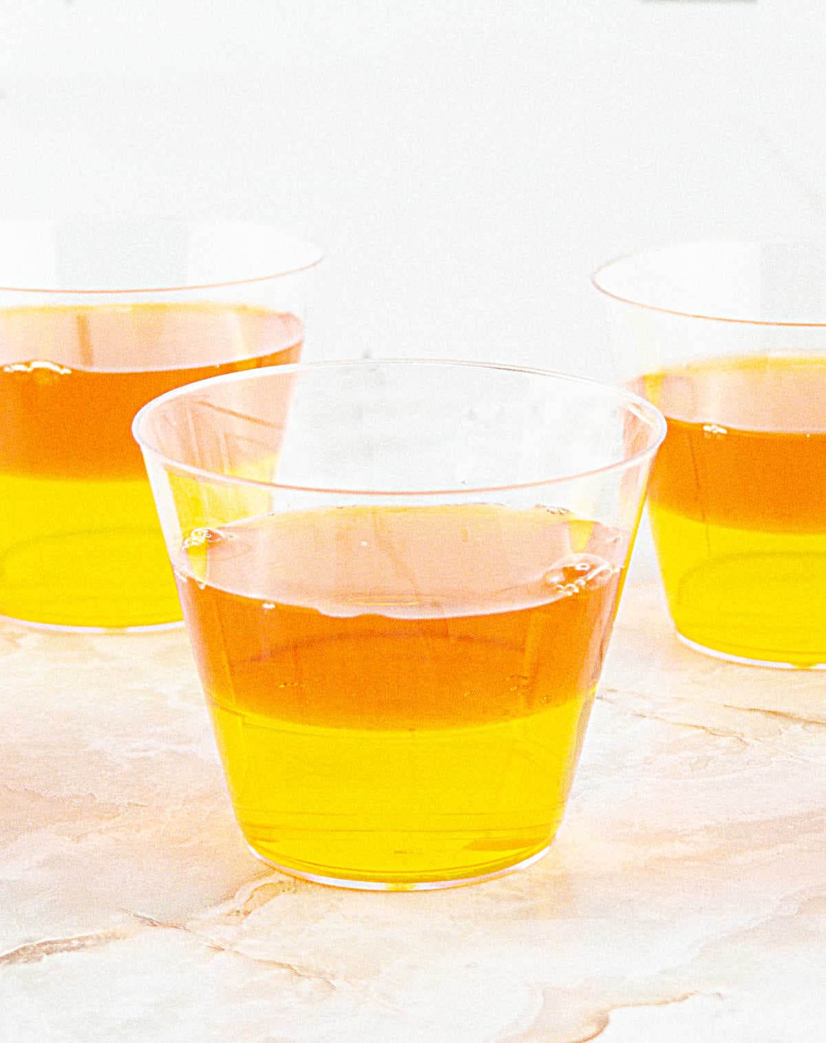 Small jello cups with layers of orange and yellow jello. White background.