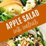Brown and white text overlay on two images of apple walnut green salad.