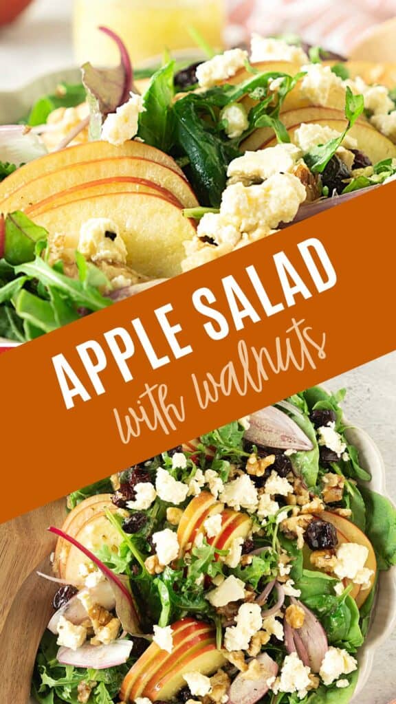 Brown and white text overlay on two images of apple walnut green salad.