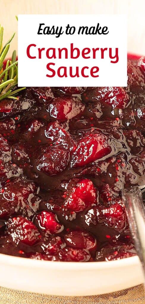 Red, white and black text overlay on close up image of cranberry sauce in a white bowl.