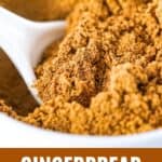 Brown and white text overlay on gingerbread spice mixture in a white bowl. White spoon inside.