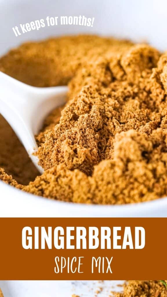 Brown and white text overlay on gingerbread spice mixture in a white bowl. White spoon inside.