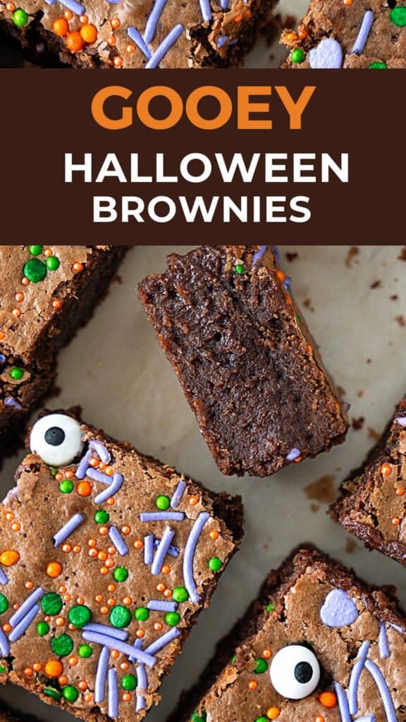 Orange, brown and white text overlay on close up image of halloween brownies.