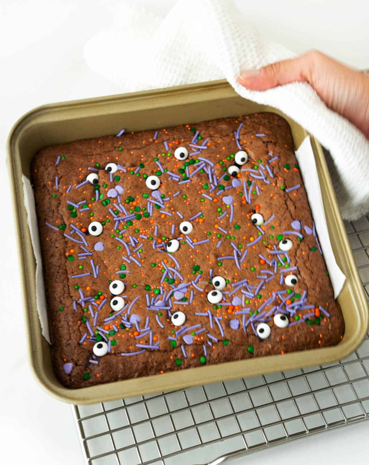 Metal square pan with baked halloween brownies. Wire rack, white background.