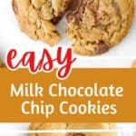 Red, brown and white text overlay on two images of gooey chocolate chip cookies with white background.