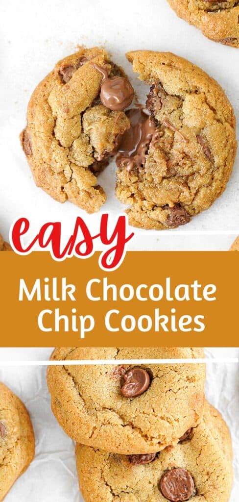 Red, brown and white text overlay on two images of gooey chocolate chip cookies with white background.
