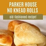 Pile of Parker House soft rolls with brown, green and white text overlay.