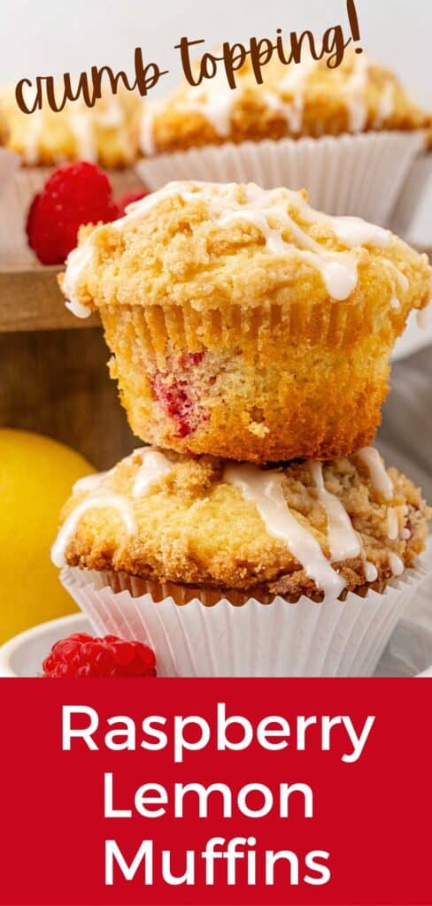 Red and white text overlay on stack of glazed raspberry crumb muffins.