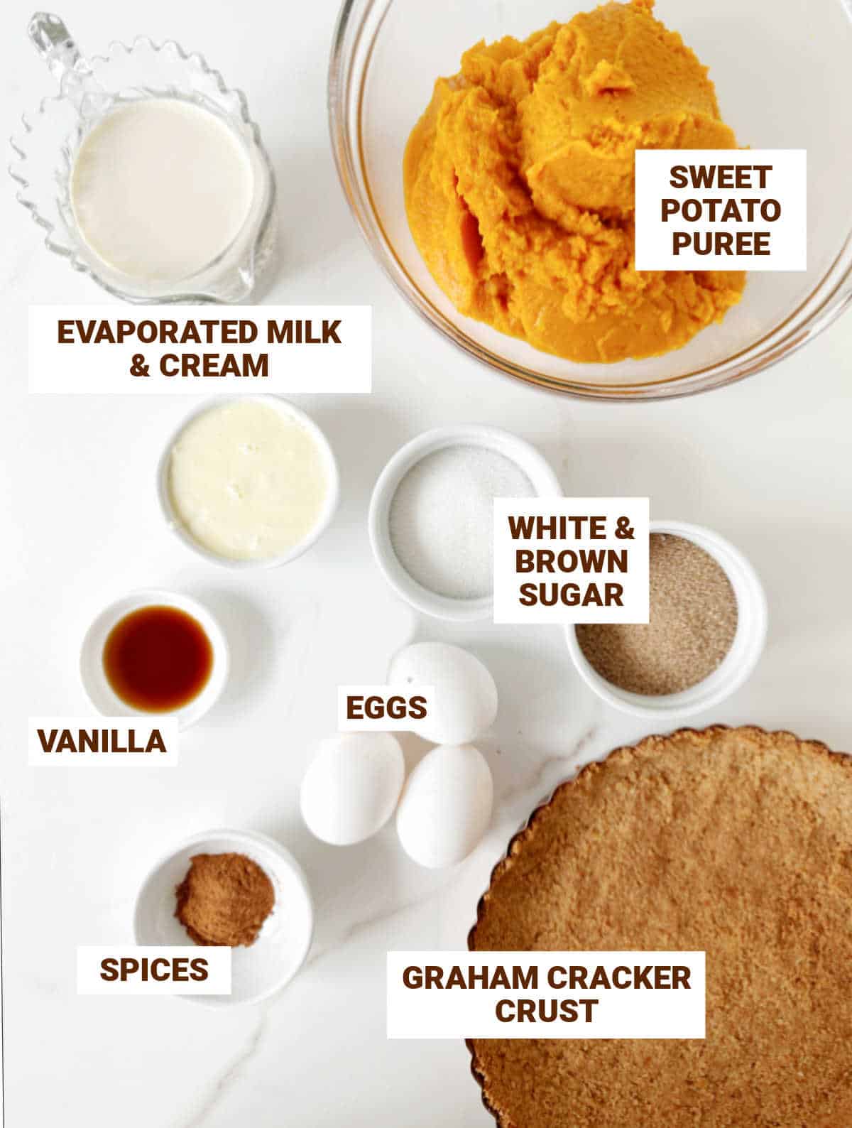White surface with bowls containing ingredients for sweet potato pie with graham crust including eggs, sugars, cream, evaporated milk, flavorings.