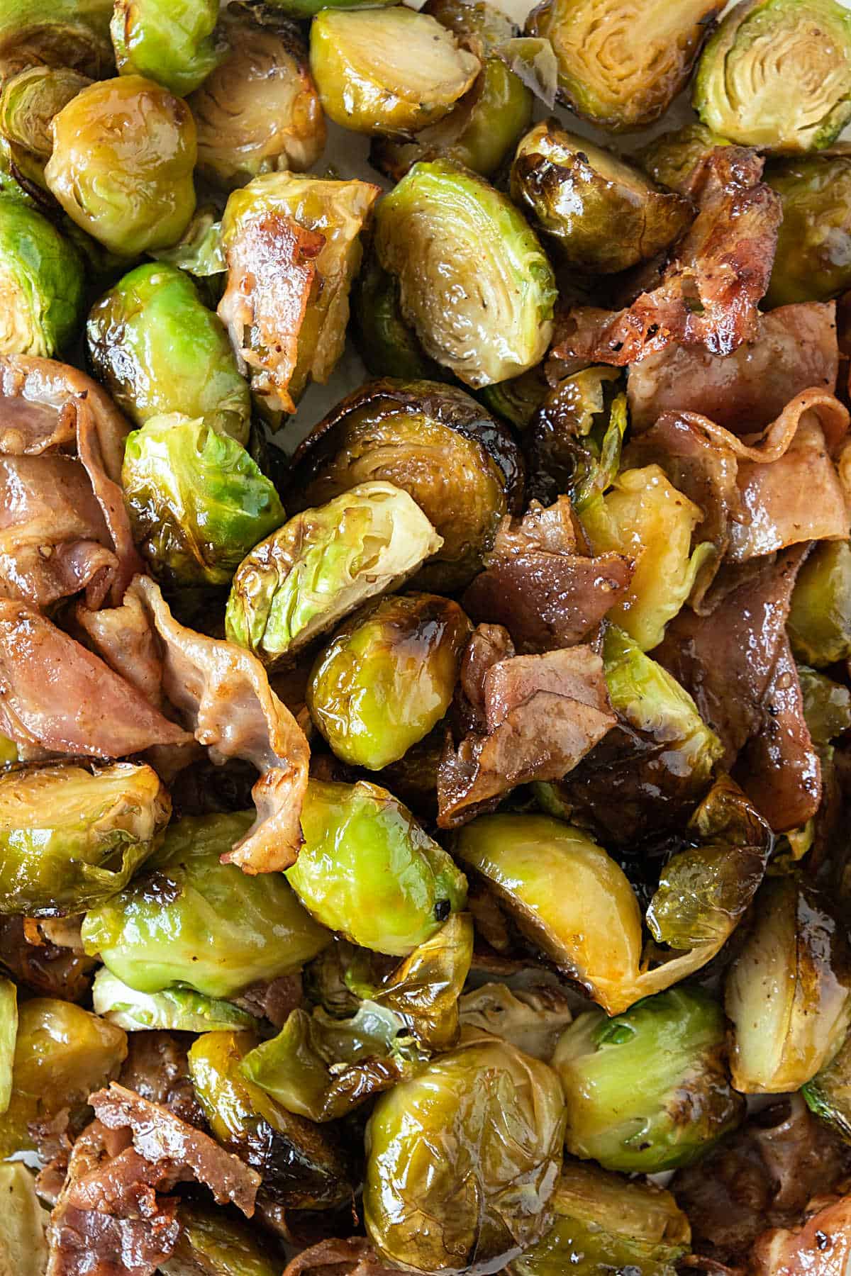 Close up of bacon and balsamic roasted brussels sprouts. 