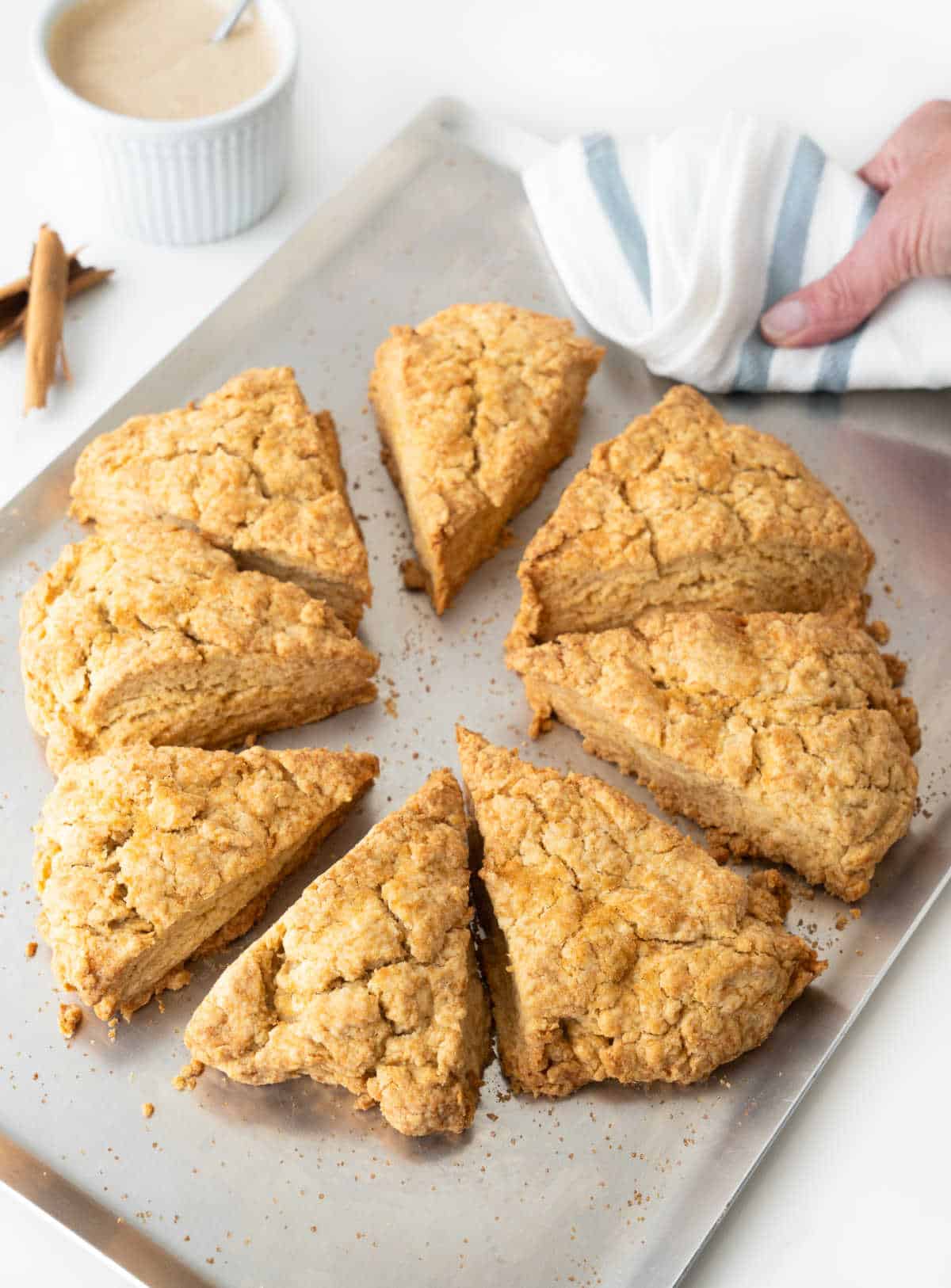 Baked cinnamon scone triangles on a metal sheet. Hand holding it with a towel.