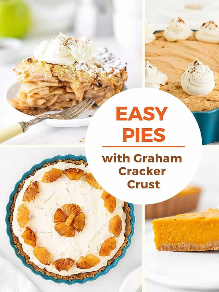 Four image collage of pies with graham crust. Orange and white text overlay.