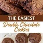 Brown and white text overlay on two images of bitten and flat lay chocolate cookies.