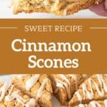 Brown and white text overlay on two images of whole and bitten glazed cinnamon scones.