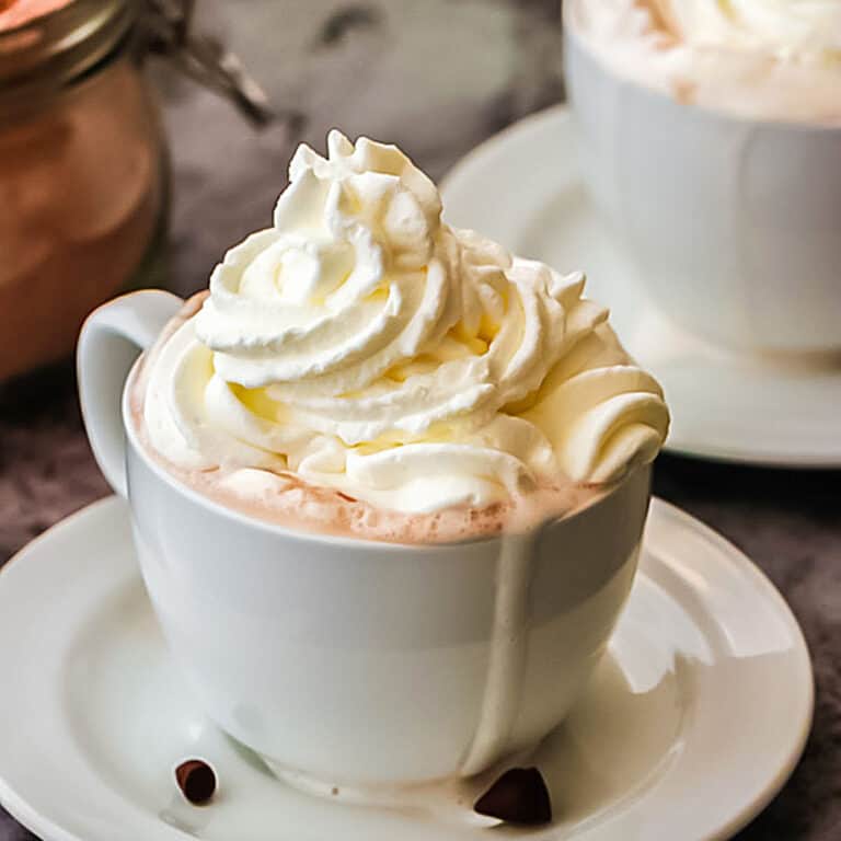 Whipped cream topped hot chocolate in a white cup and saucer. Another cup and jar in the background.