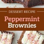 Brown, pink and white text overlay on two images of bitten and whole cream cheese peppermint brownies.