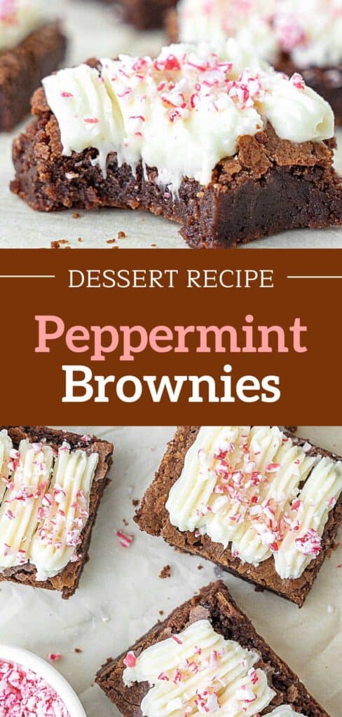 Brown, pink and white text overlay on two images of bitten and whole cream cheese peppermint brownies.
