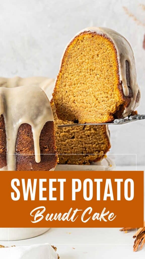 Brown and white text overlay on sweet potato bundt cake with glaze. Slice being lifted.