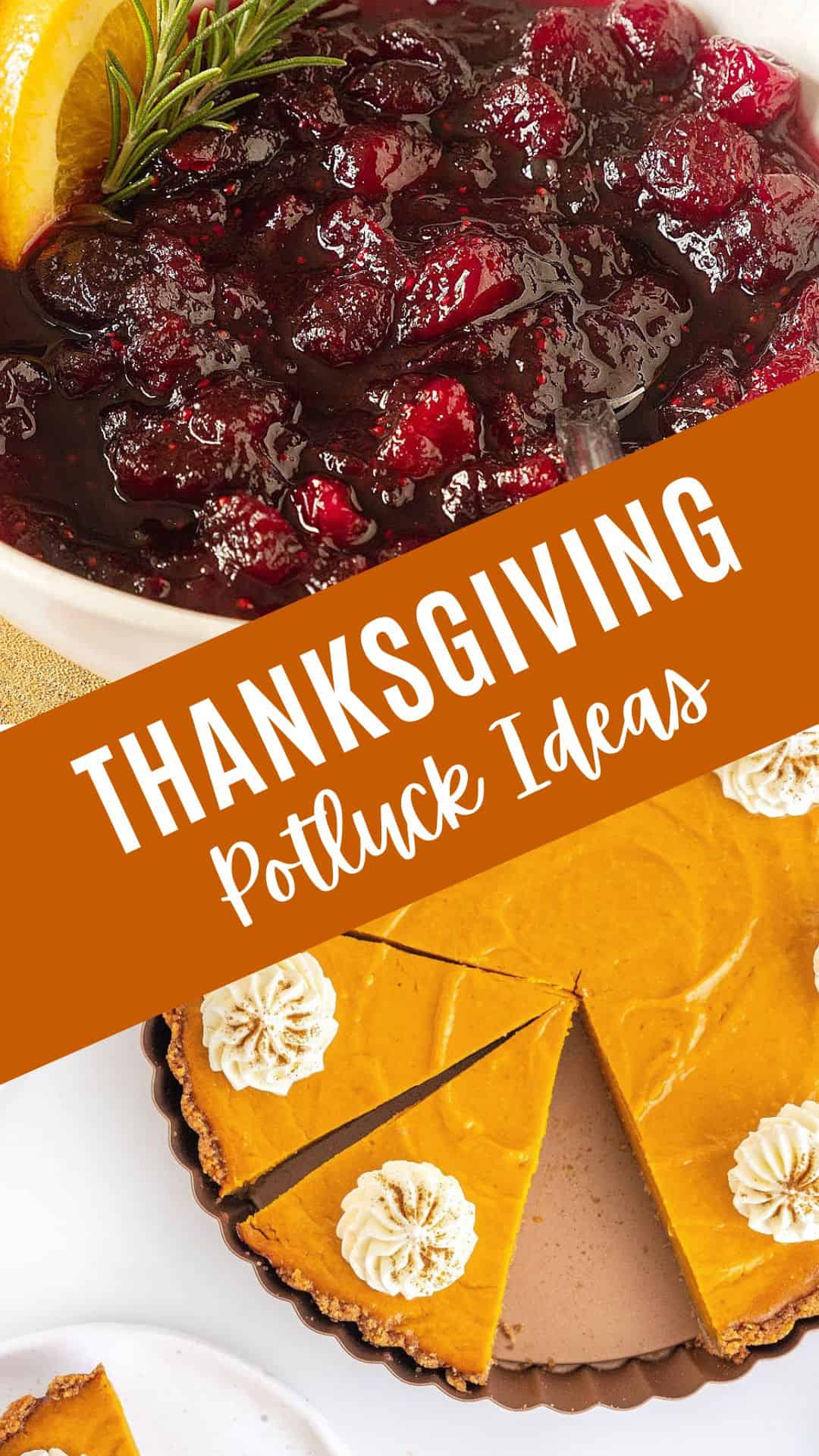 Brown and white text overlay on two images of cranberry sauce and sweet potato pie.
