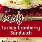 Red, brown and white text overlay on close up of turkey, cranberry, lettuce, cheese sandwich.