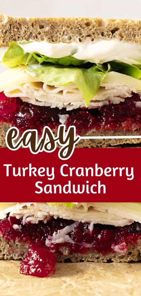 Red, brown and white text overlay on close up of turkey, cranberry, lettuce, cheese sandwich.