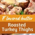Light and dark brown text overlay on images of sliced turkey and a jar with gravy.