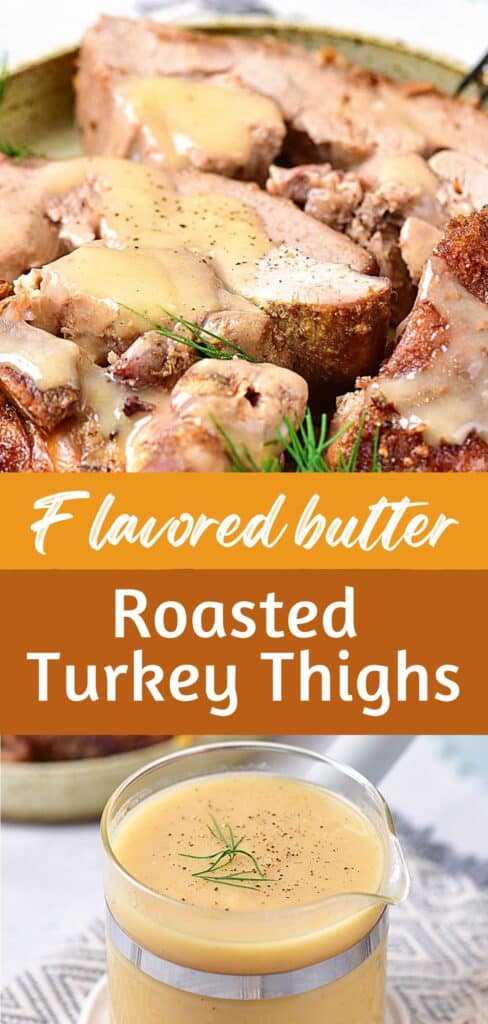 Light and dark brown text overlay on images of sliced turkey and a jar with gravy.
