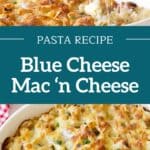 Teal and white text overlay on two images of mac and cheese in a white dish and being pulled from it.