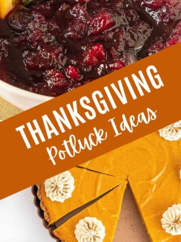 Brown and white text overlay on two images of cranberry sauce and sweet potato pie.