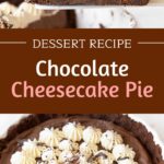 Brown, white and pink text overlay on two images of whole and sliced chocolate cream pie.